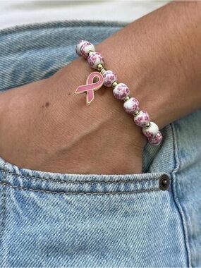 Anthropologie Pink Floral Bead Bracelet with Pink Ribbon Charm